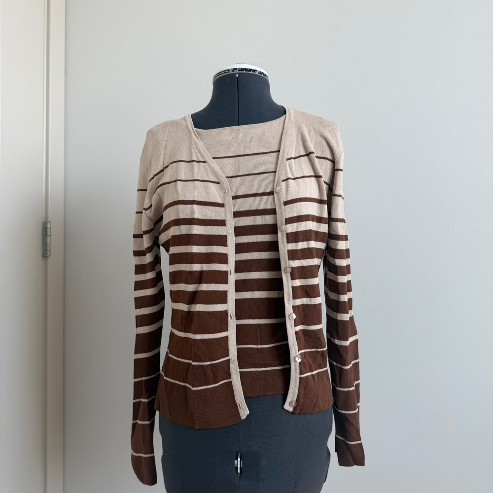 Vintage Y2K Striped Brown Cardigan Tank Set